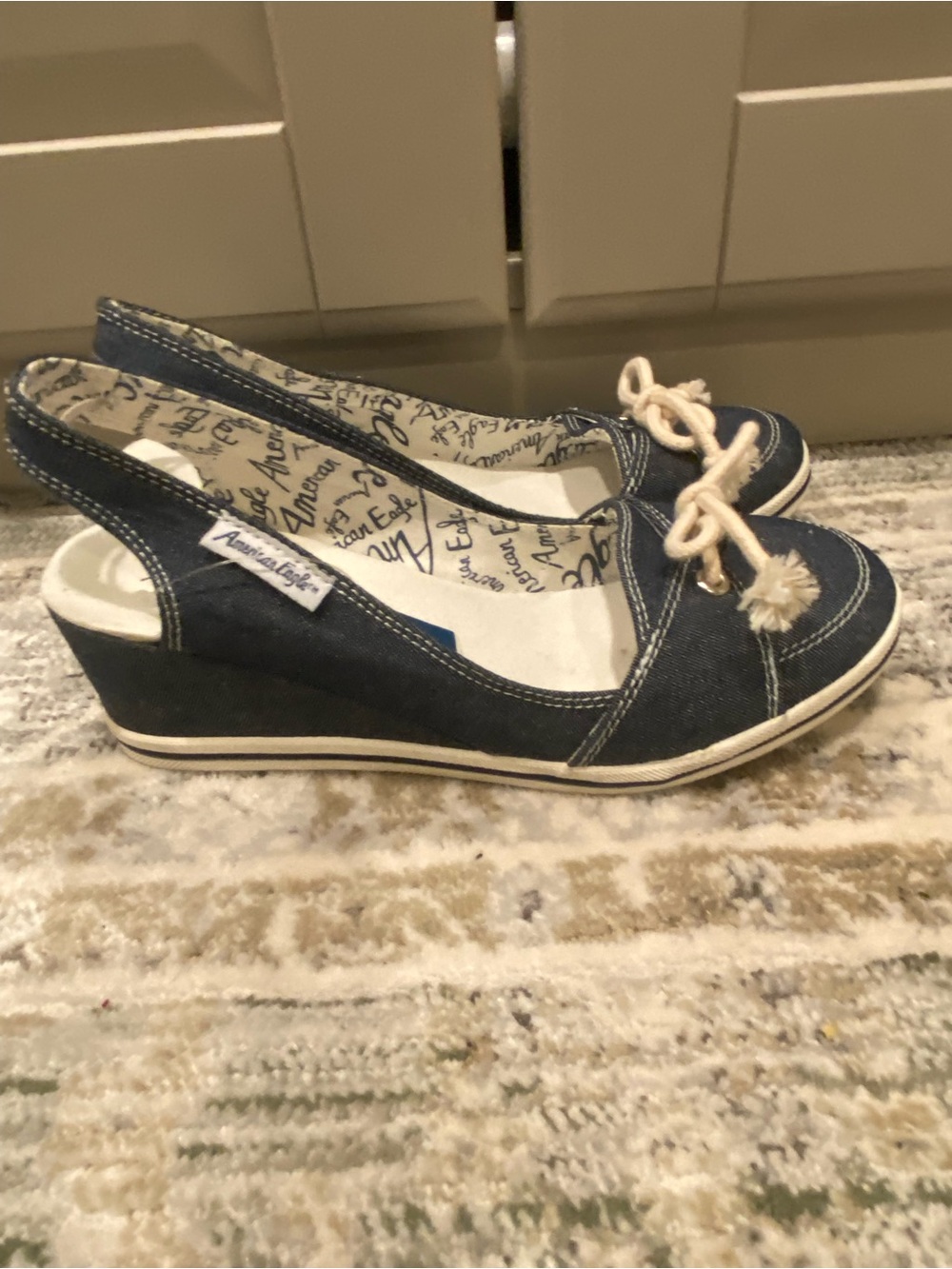 American Eagle Outfitters Navy Denim Slingback Wedge with Rope Bow